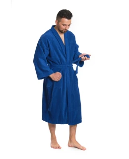 Pánský bavlněný župan model KIMONO s výšivkou 03 Blue Navy