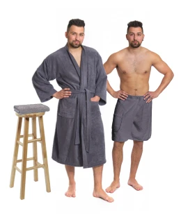 Sada Dark Grey: župan KIMONO s výšivkou + pánský saunový kilt + osuška