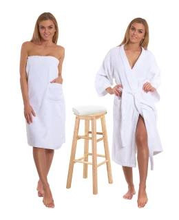 Sada White: župan KIMONO + dámský saunový kilt + osuška