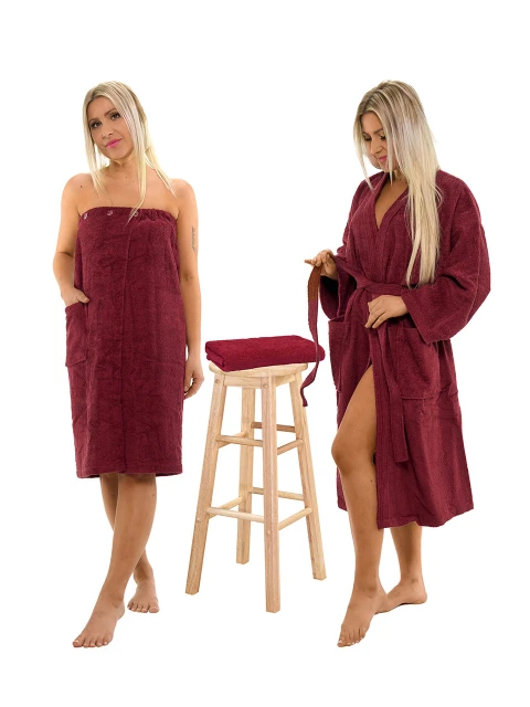 Sada Bordeaux: župan KIMONO + dámský saunový kilt + osuška