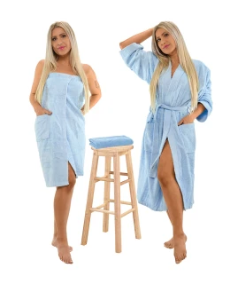 Sada Light Blue: župan KIMONO + dámský saunový kilt + osuška