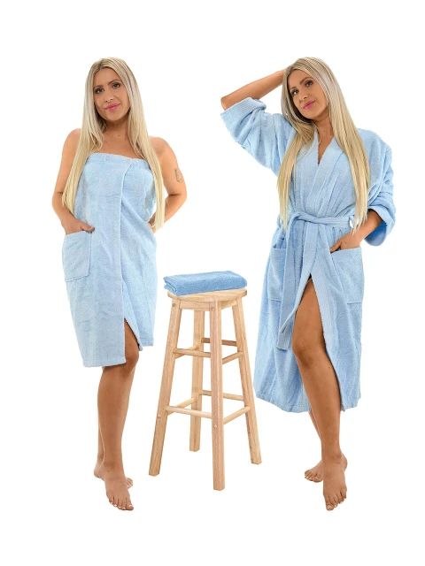 Sada Light Blue: župan KIMONO s výšivkou + dámský saunový kilt + osuška