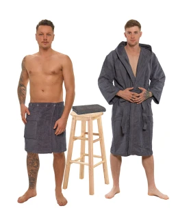 Sada Dark Grey: župan s kapucí + pánský saunový kilt + osuška