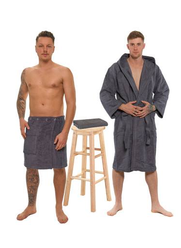 Sada Dark Grey: župan s kapucí + pánský saunový kilt + osuška