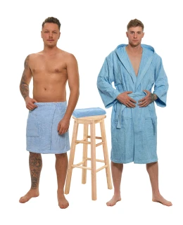 Sada Light Blue: župan s kapucí + pánský saunový kilt + osuška