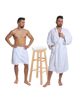 Sada White: župan KIMONO + pánský saunový kilt + osuška