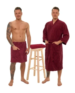 Sada Bordeaux: župan KIMONO + pánský saunový kilt + osuška