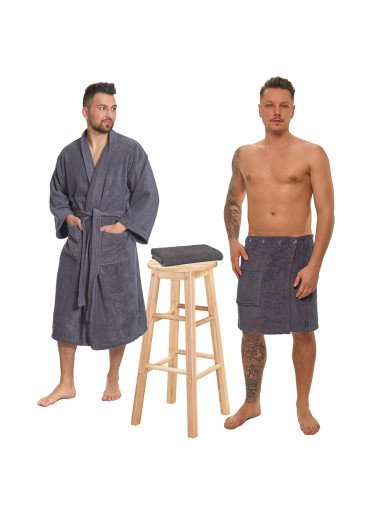 Sada Dark Grey: župan KIMONO + pánský saunový kilt + osuška