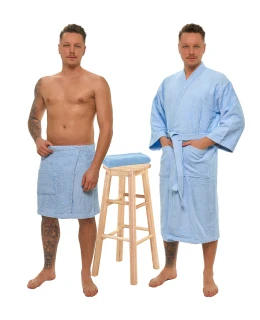 Sada Light Blue: župan KIMONO + pánský saunový kilt + osuška