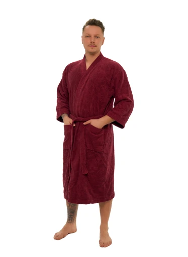 Pánský bavlněný župan model KIMONO s výšivkou 04 Bordeaux