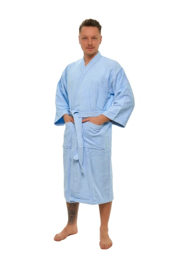 Pánský bavlněný župan model KIMONO s výšivkou 06 Light Blue