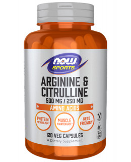 NOW Arginin, 500 mg, + Citrulin, 250 mg, 120 rostlinných kapslí