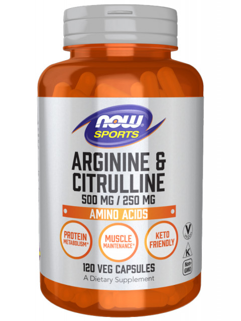 NOW Arginin, 500 mg, + Citrulin, 250 mg, 120 rostlinných kapslí