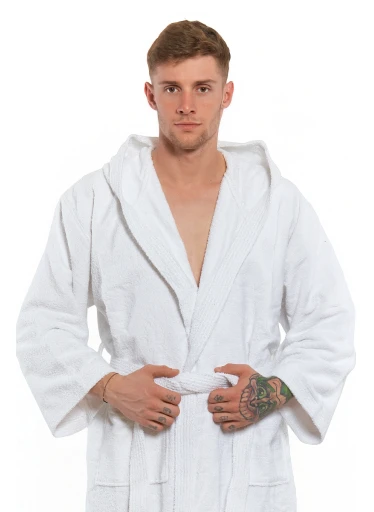 Pánský bavlněný župan s výšivkou a kapucí 01 White