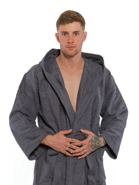 Pánský bavlněný župan s výšivkou a kapucí 02 Dark Grey
