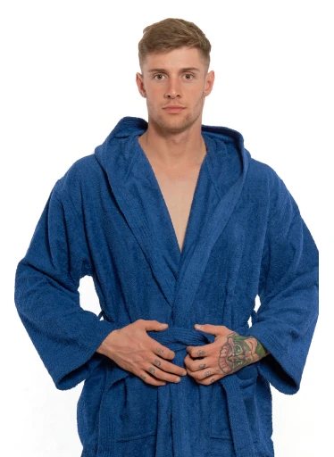 Pánský bavlněný župan s výšivkou a kapucí 03 Navy Blue