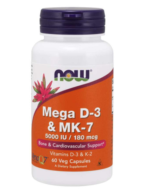 NOW Mega D3 & MK-7, Vitamín 5000 IU K2 180 ug, 60 kapslí