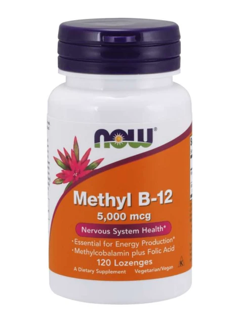 NOW Methyl B12 with Folic Acid (Vitamín + Kyselina Listová v aktivní formách), 5000 mcg, 120 pastilek