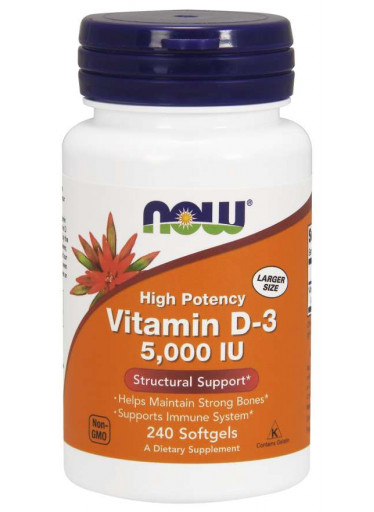 NOW Vitamin D3, 5000 IU, 240 softgel kapslí