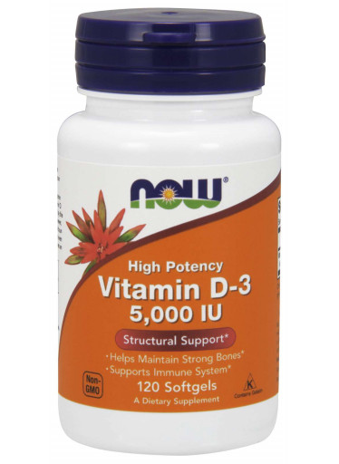 NOW Vitamin D3, 5000 IU, 120 softgel kapslí