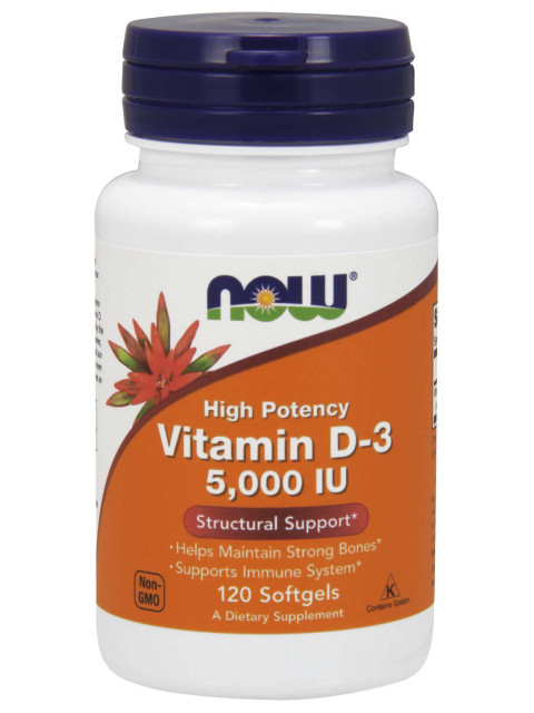 NOW Vitamin D3, 5000 IU, 120 softgel kapslí