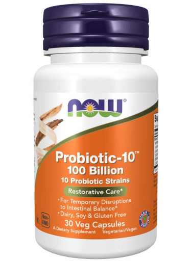 NOW Probiotic-10, probiotika, 100 miliard CFU, 10 kmenů, 30 rostlinných kapslí