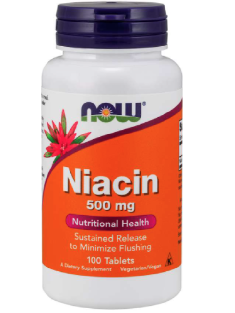 NOW Niacin (Vitamín B3), Postupné uvolňování pro minimalizaci zčervenání, 500 mg, 100 tablet