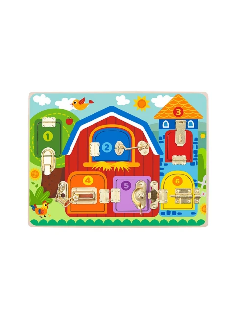 TookyToy Dřevěná hrací deska se zámečky - Farma