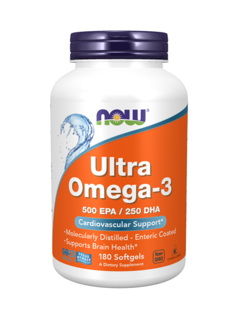 NOW Ultra omega-3, 250 DHA/500 EPA, 180 softgelových kapslí