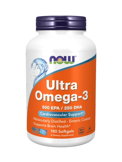 NOW Ultra omega-3, 250 DHA/500 EPA, 180 softgelových kapslí