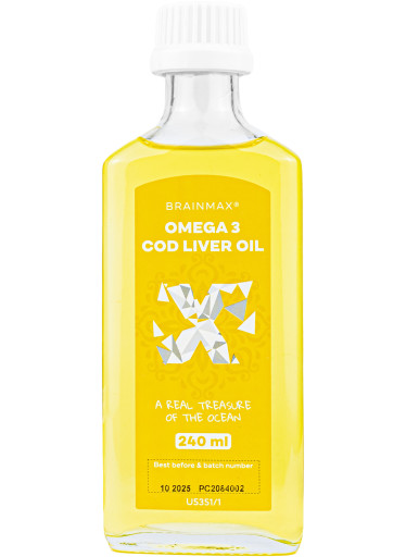 BrainMax Omega 3, Olej z tresčích jater, citrón, 240 ml