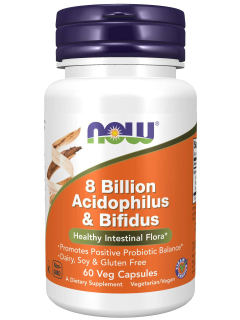 NOW 8 Billion Acidophilus & Bifidus, Probiotika mld., 3 kmeny pro zdraví střev a imunitu, 60 rostlinných kapslí