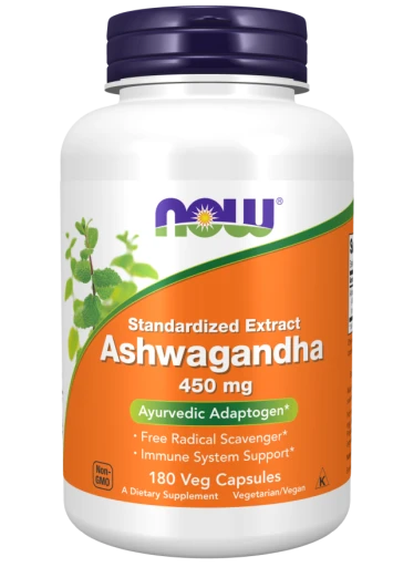 NOW Ashwagandha (Vitánie snodárná) extrakt, 450 mg, 180 rostlinných kapslí