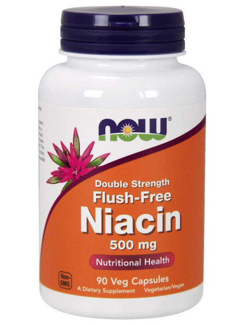 NOW Niacin, Bez vedlejšího účinku zčervenání, 500 mg (Double Strength), 90 rostlinných kapslí