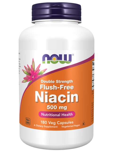NOW Niacin, Bez vedlejšího účinku zčervenání, 500 mg (Double Strength), 180 rostlinných kapslí