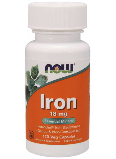 NOW Iron Bisglycinate, železo chelát (Ferrochel), 18 mg, 120 rostlinných kapslí