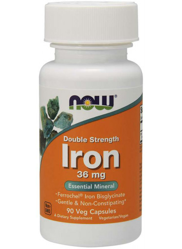 NOW Iron Bisglycinate Double Strenght, železo chelát (Ferrochel), 36 mg, 90 rostlinných kapslí