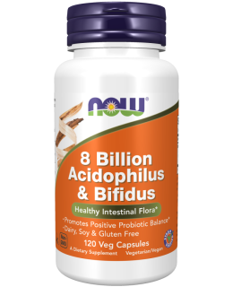 NOW 8 Billion Acidophilus & Bifidus, Probiotika 8 mld., 3 kmeny pro zdraví střev a imunitu, 120 rostlinných kapslí