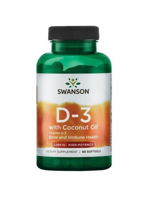 Swanson Vitamin D3 with Coconut oil (s kokosovým olejem), 2000 IU, 60 softgelových kapslí - EXPIRACE 6/2024