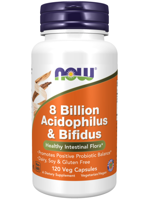 NOW 8 Billion Acidophilus & Bifidus, Probiotika 8 mld., 3 kmeny pro zdraví střev a imunitu, 120 rostlinných kapslí - EXPIRACE 5/2026