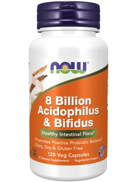 NOW 8 Billion Acidophilus & Bifidus, Probiotika 8 mld., 3 kmeny pro zdraví střev a imunitu, 120 rostlinných kapslí - EXPIRACE 5/2026