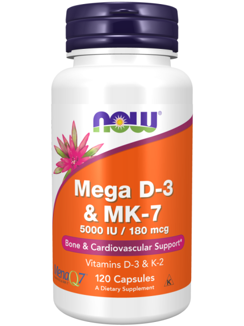NOW Mega D3 & MK-7, Vitamín d3 5000 IU & Vitamín K2 180 ug, 120 rostlinných kapslí