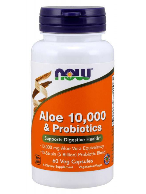 NOW Aloe 10000 & Probiotics (aloe vera s probiotiky), 60 rostlinných kapslí - EXPIRACE 7/2025