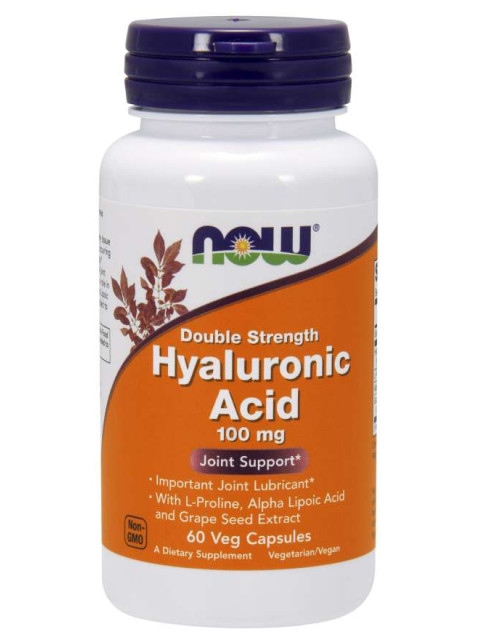 NOW Hyaluronic Acid, dvojitá síla Kyselina Hyaluronová, 100mg, 60 rostlinných kapslí - EXPIRACE 10/2023