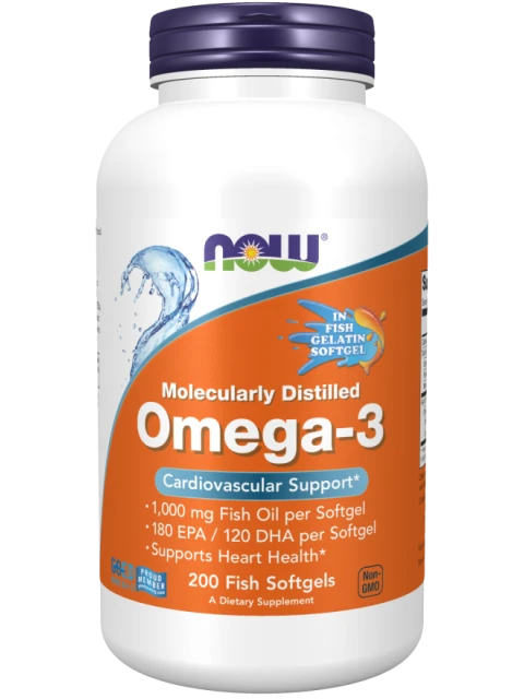 NOW Omega-3, molekulárně destilované, 200 rybích kapslí