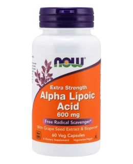 NOW Alpha Lipoic Acid (Kyselina Alfa Lipoová) with Grape Seed Extract & Bioperine, 600  mg, 60 rostlinných kapslí
