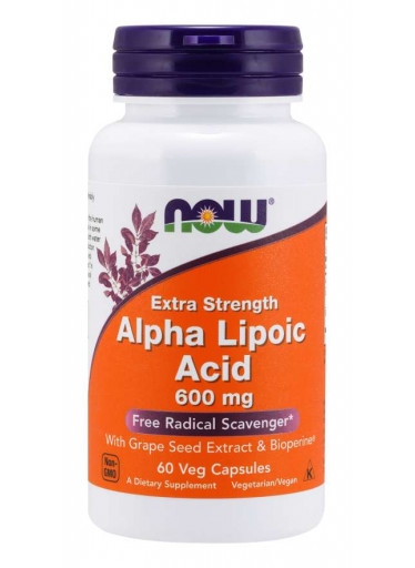 NOW Alpha Lipoic Acid (Kyselina Alfa Lipoová) with Grape Seed Extract & Bioperine, 600  mg, 60 rostlinných kapslí