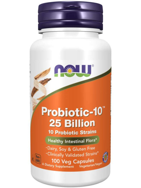 NOW Probiotic-10, probiotika, 25 miliard CFU, 10 kmenů, 100 rostlinných kapslí