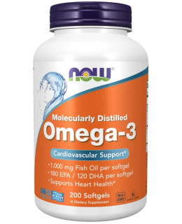 NOW Omega-3, molekulárně destilované, 200 softgelových kapslí