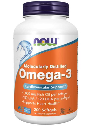 NOW Omega-3, molekulárně destilované, 200 softgelových kapslí